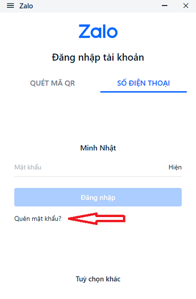 Nhấn vào chữ quên mật khẩu 