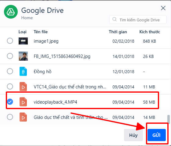 chọn file từ gg drive cần gửi