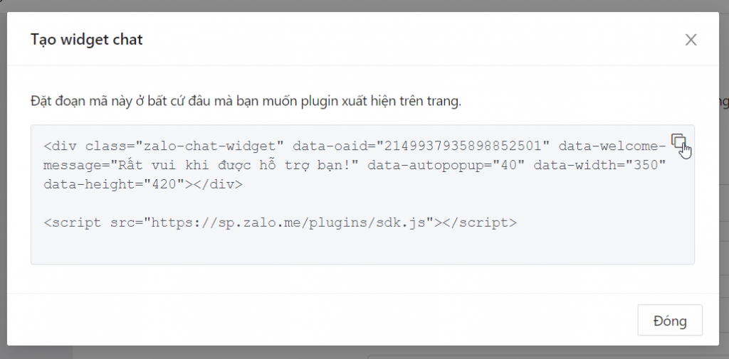 Đoạn code để tích hoạt chat Zalo lên website