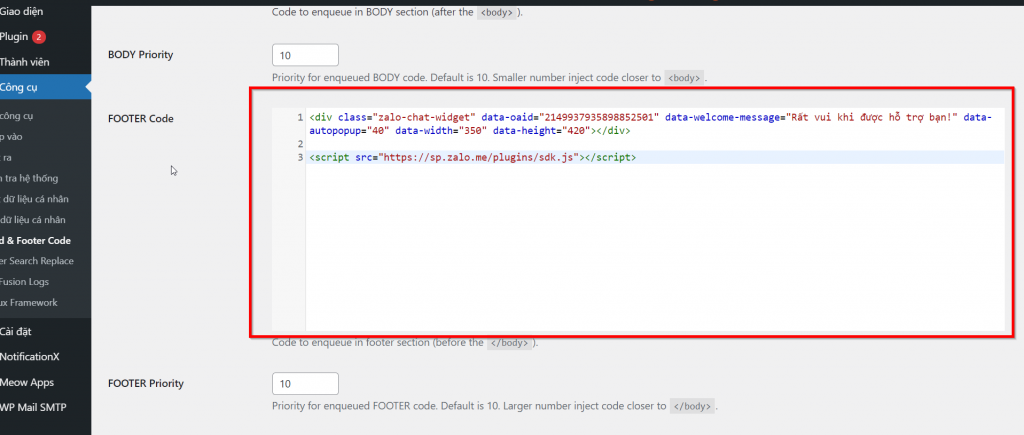 CÀi đặt đoạn mã tích hoạt chat Zalo lên website