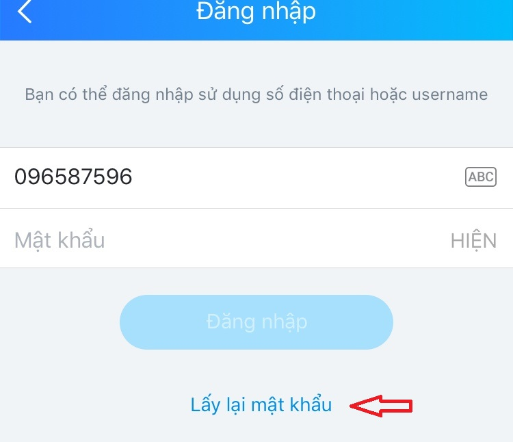 Nhấn vào lấy lại mật khẩu 