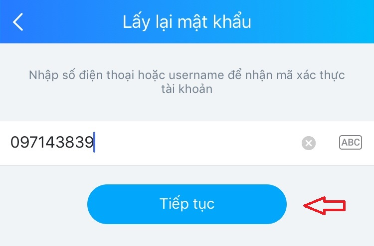 Nhập số điện thoại và nhấn tiếp tục