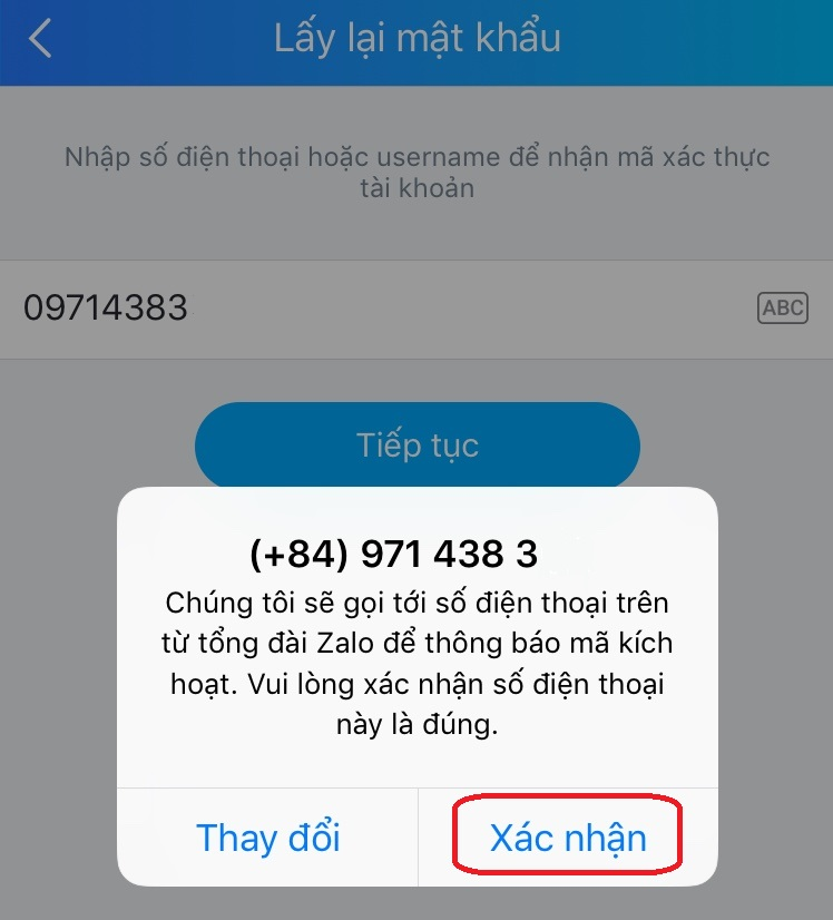 Nhấn xác nhận để Zalo gửi mã xác nhận