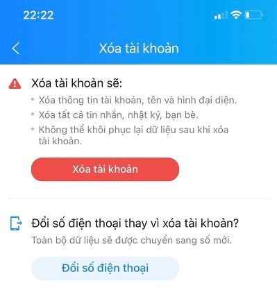 Nhấn xoá tài khoản